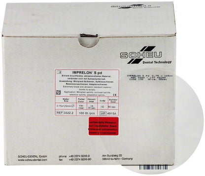 Verpackung der IMPRELON® S pd Rundfolie für Dentaltechnik mit Produktspezifikationen.