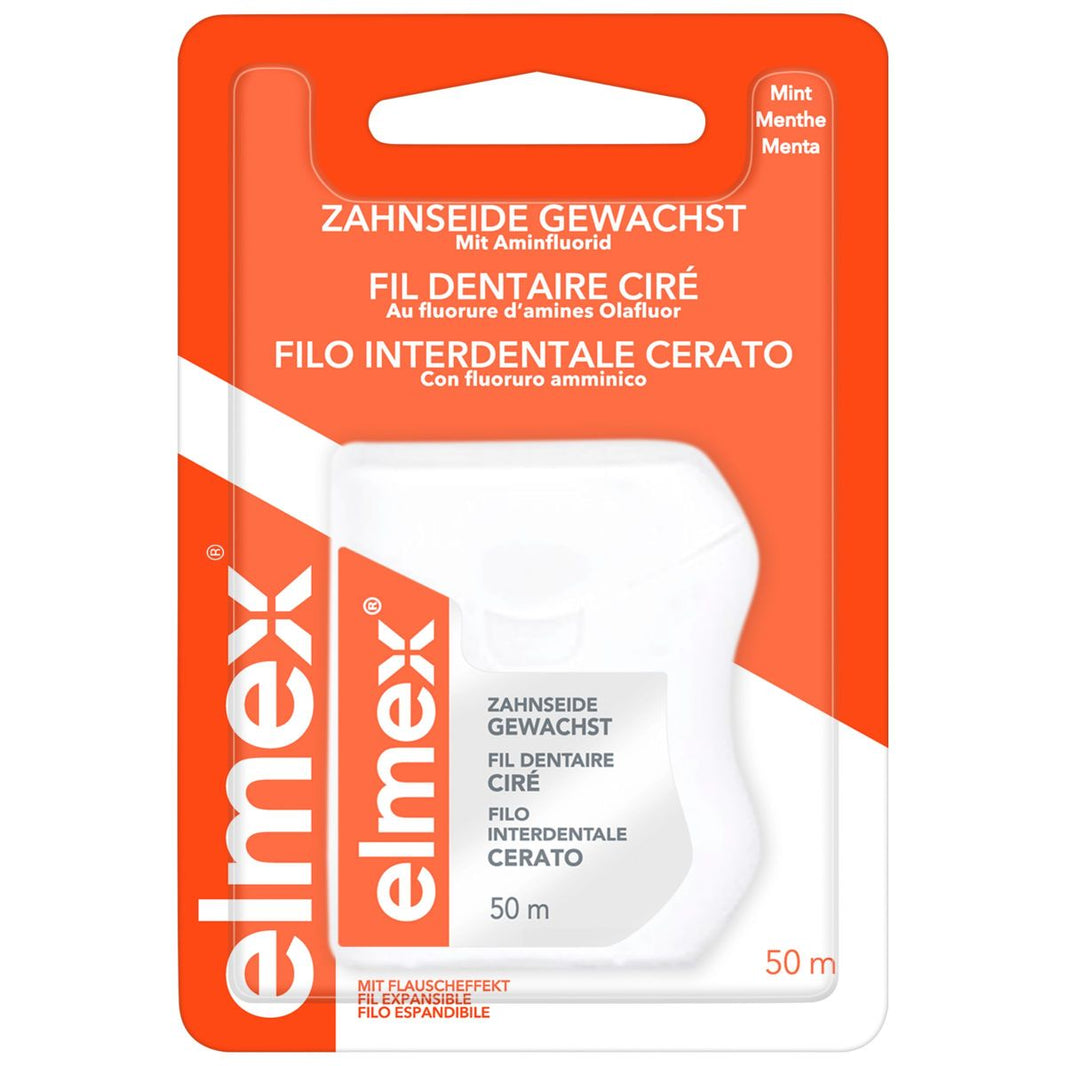 elmex® Zahnseide gewachst in weißer Verpackung mit Minzaroma, 50 m