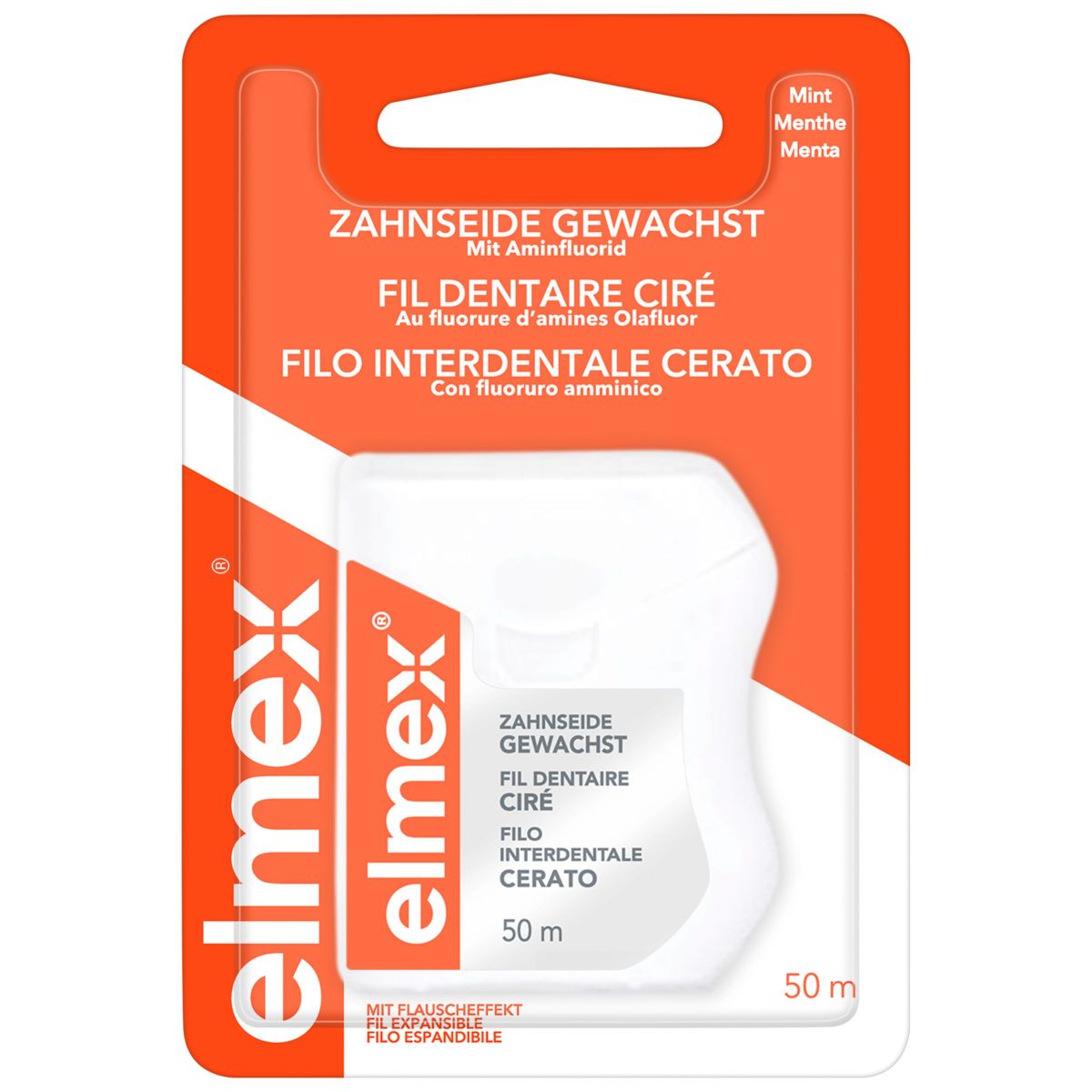 elmex® Zahnseide gewachst in weißer Verpackung mit Minzaroma, 50 m