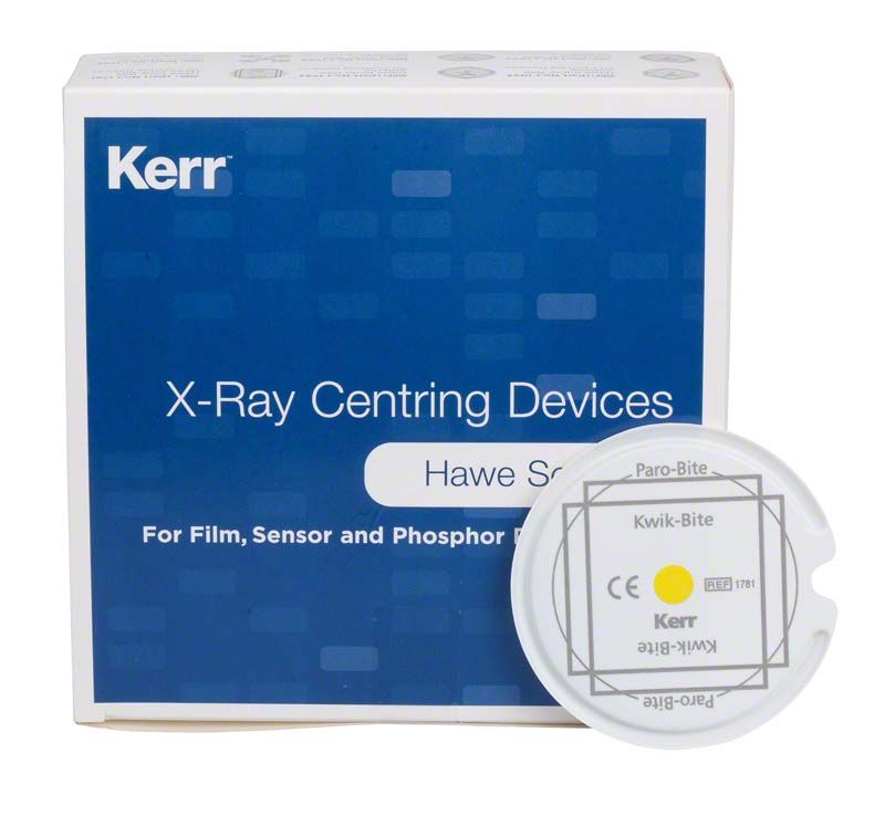 Kwik-Bite/Paro-Bite Zentrierhilfe Verpackung und Einzelstück auf weißem Hintergrund.