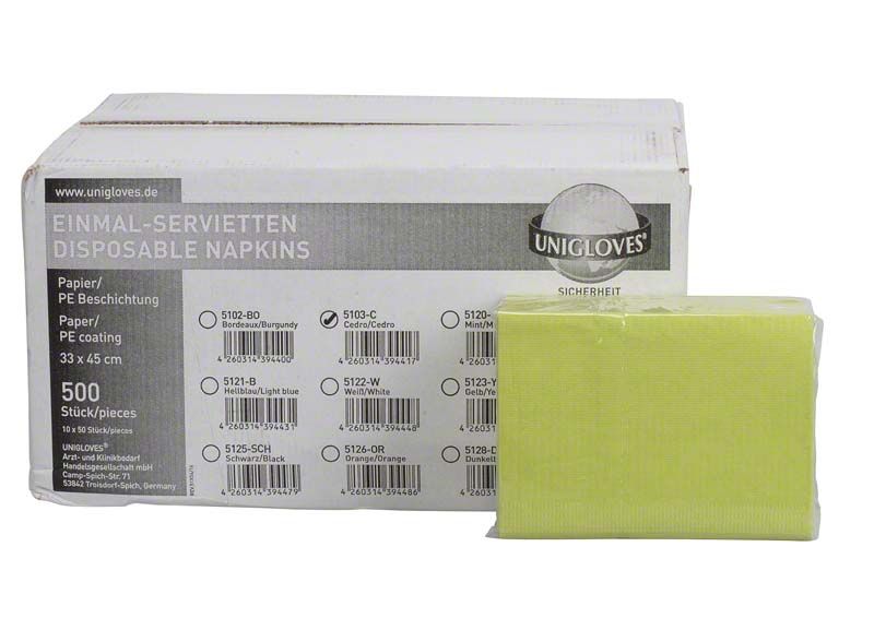 Einweg-Servietten in flieder, 500 Stück, Verpackung und Produktansicht.