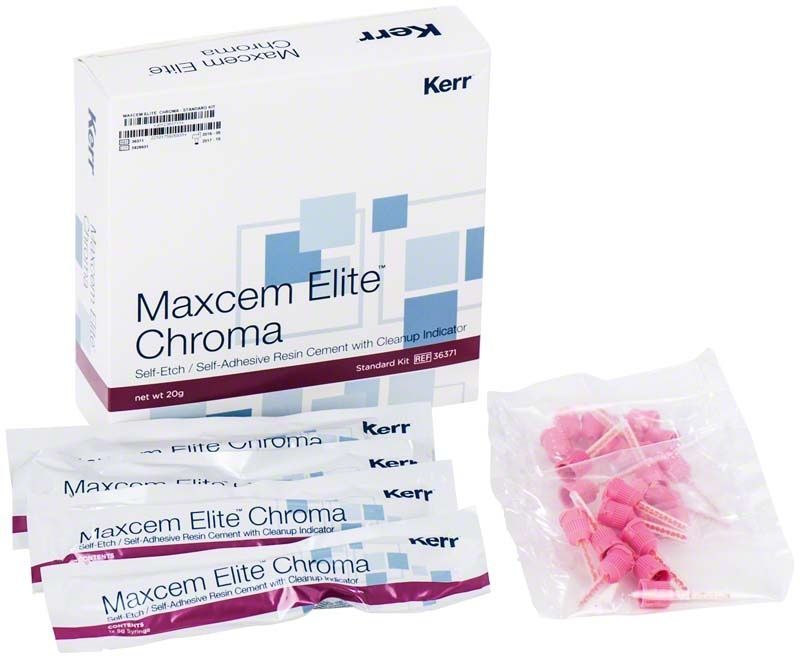 Maxcem Elite™ Chroma Standard-Kit mit Verpackung und rosa Applikatorspitzen.