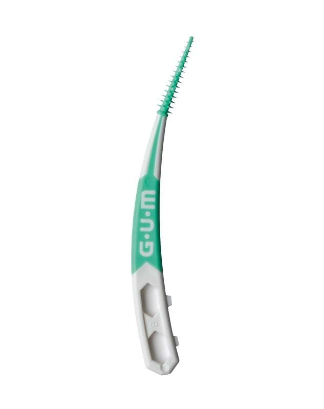 GUM® SOFT-PICKS® Advanced Interdentalbürste in Weiß mit grünem Griff und flexiblem Kopf.