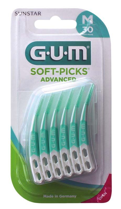 Verpackung der GUM® SOFT-PICKS® Advanced mit fünf grünen Interdentalbürsten.