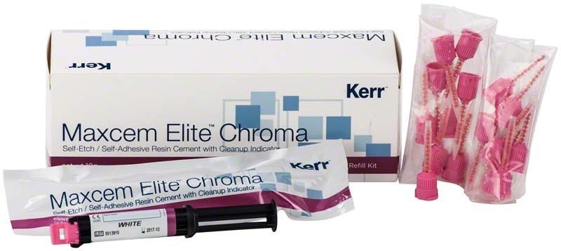 Maxcem Elite™ Chroma Weiß mit Packung und Zubehörteilen.