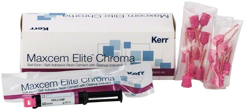 Maxcem Elite™ Chroma Gel-Zement in rosa Verpackung mit Zubehör.