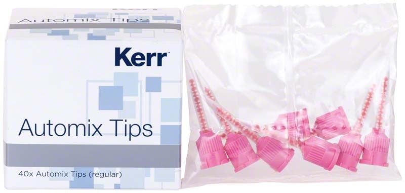 Maxcem Elite™ Chroma Automix-Aufsätze in rosa, verpackt in Kunststoffbeutel.