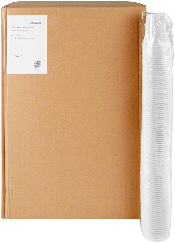 Einweg-Mundspülbecher 150ml weiß aus Polystyrol, stapelweise verpackt.