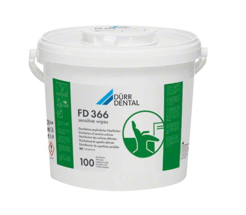 FD 366 sensitive wipes Spenderbox mit grünem Etikett und weißem Behälter.