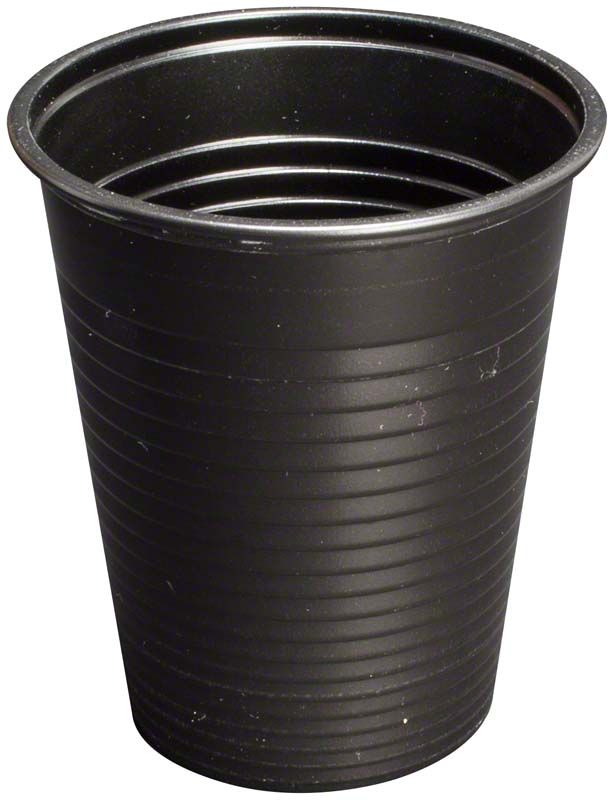 Schwarzer Einweg-Mundspülbecher aus Polypropylen mit geriffelter Oberfläche.