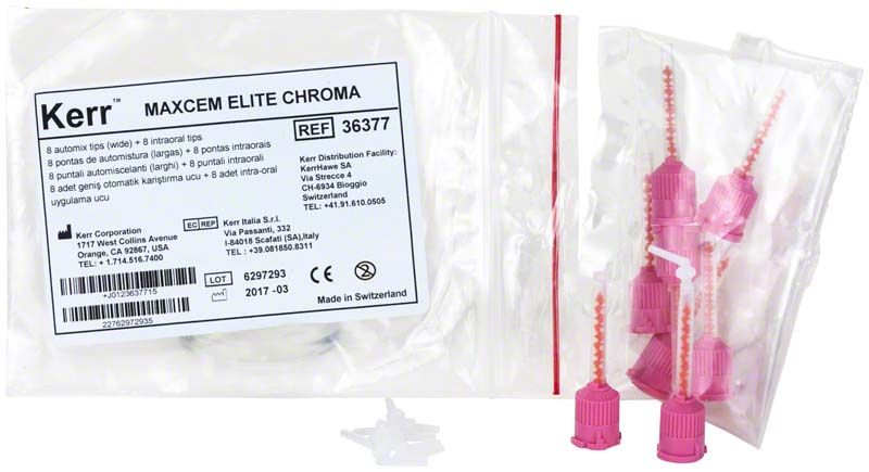 Maxcem Elite™ Chroma Wurzelkanalspitzen und Automisch Ansätze in rosa Verpackung.