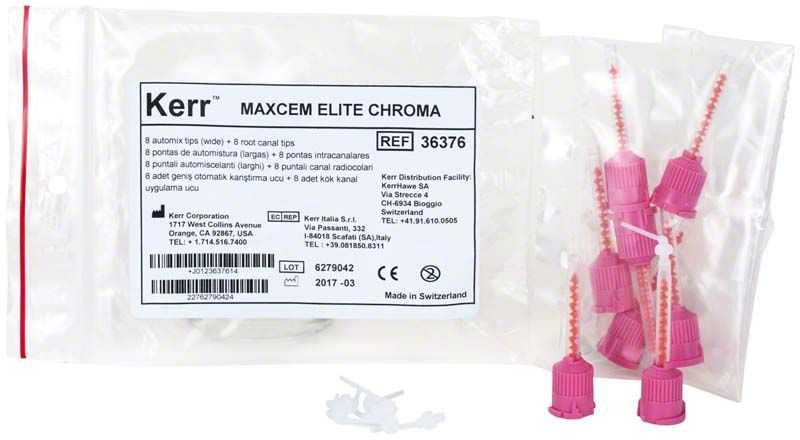 Maxcem Elite™ Chroma Zubehör mit intraoralen Spitzen und Automisch Ansätzen in rosa.