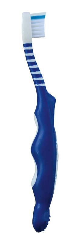 Blaue Kinderzahnbürste mit Bärengriff und superweichen Borsten.