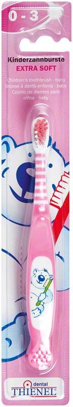 Kinderzahnbürste Baby (0-3) mit Bärendesign in rosa Blisterverpackung.