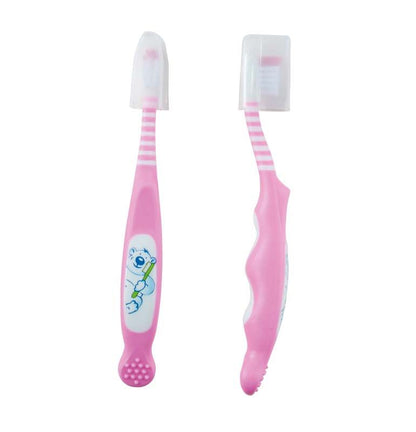 Kinderzahnbürste Baby (0-3) in Rosa mit Bärendesign und Schutzkappe.
