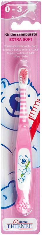 Kinderzahnbürste mit rosa Bärendesign in Blisterverpackung für Babys 0-3 Jahre