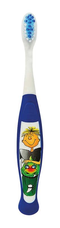 Kinderzahnbürste Junior (3-7) mit blauem Griff und Ritter-Motiv.