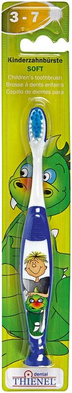 Kinderzahnbürste Junior (3-7) mit blauem Griff und Drachenmotiv auf Verpackung.