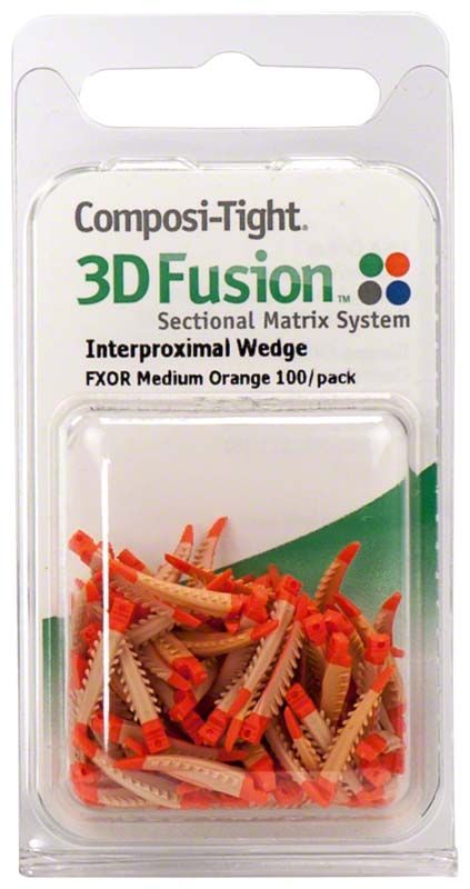 Interdentalkeile Composi-Tight® 3D Fusion™ in orangefarbener Verpackung.