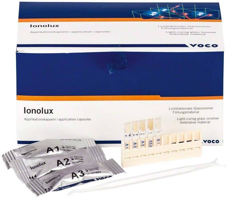 Ionolux® Applikationskapseln Set mit Verpackung und Kapseln für Zahnfüllungen.