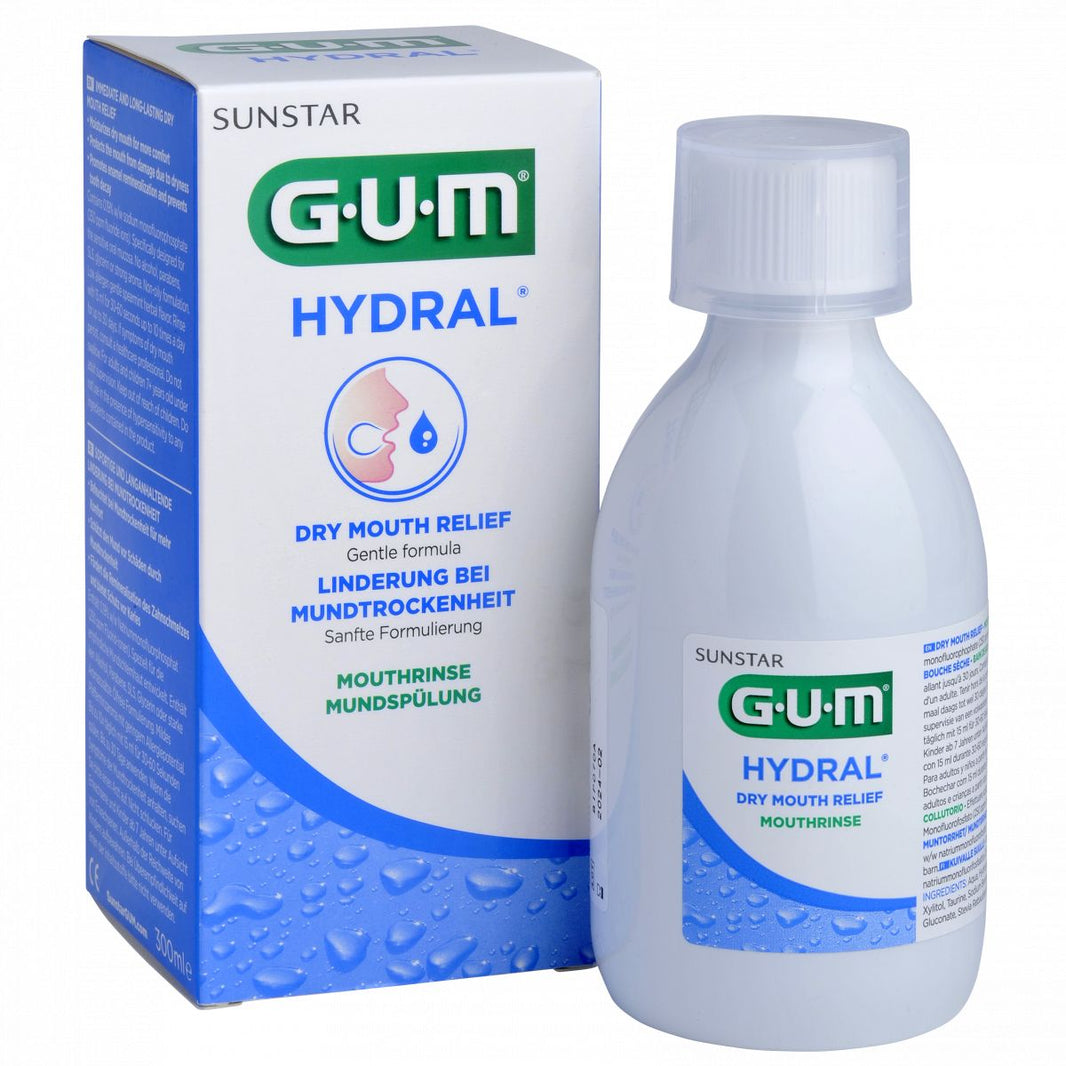 GUM HYDRAL Mundspülung mit Verpackung und Flasche im Vordergrund