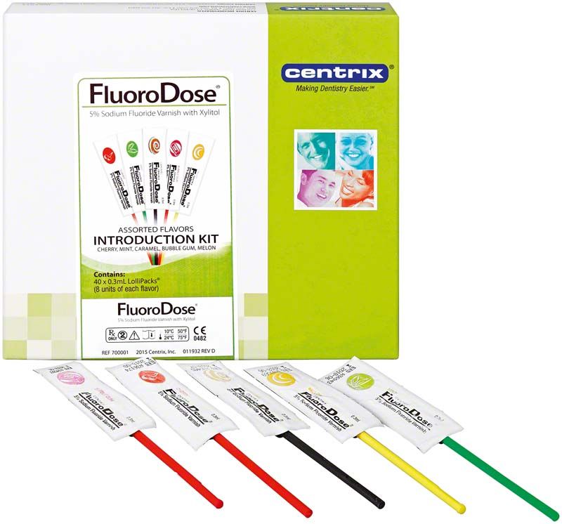 FluoroDose® Mischpackung mit LolliPack-Einwegverpackungen und Geschmacksrichtungen.
