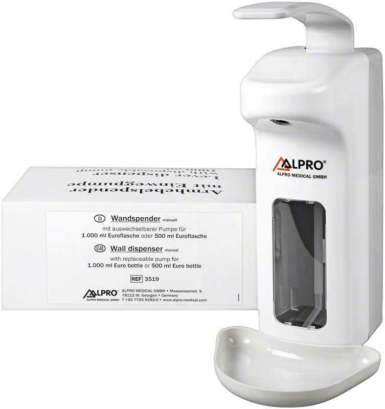Wandspender für 1L/500ml Flaschen mit Tropfschale in Grau.