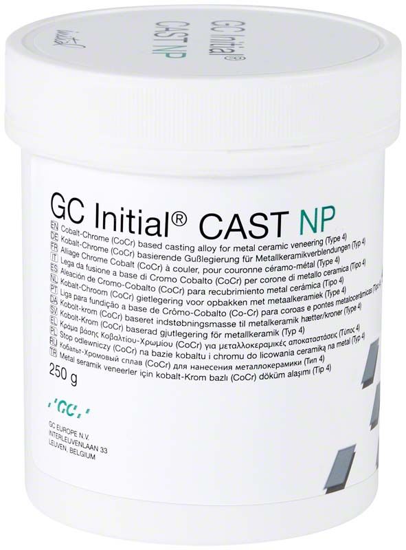 GC Initial® CAST NP 250g Dose mit mehrsprachigem Etikett.