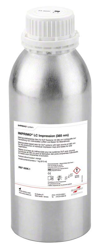 Aluminiumflasche mit Etikett des IMPRIMO® LC Impression Harzes für 3D Druck.