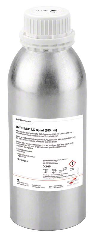 Silberne Flasche mit Etikett des IMPRIMO® LC Splint Harzes.