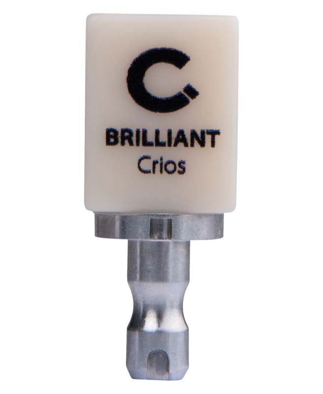 BRILLIANT Crios CEREC Block für Zahnrestaurationen, beige mit schwarzem Logo.