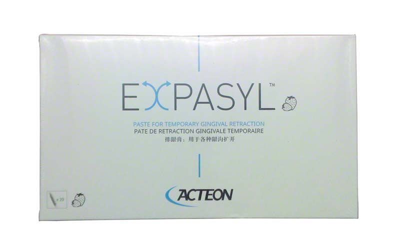 Expasyl™ Packung mit 20 Kapseln zur Zahnfleischretraktion.