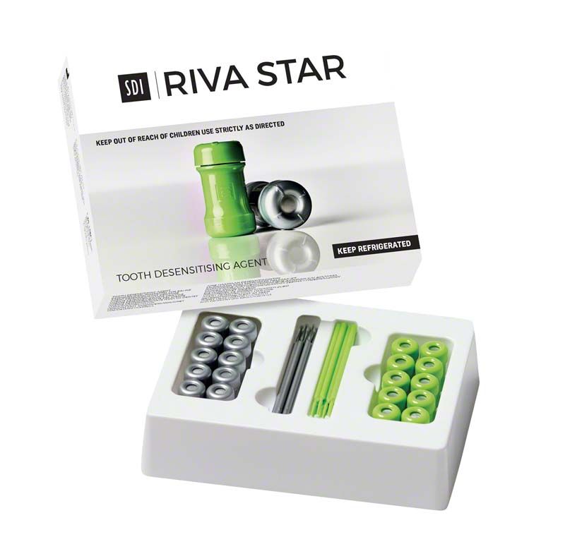 Riva Star Kit zur Zahn-Desensibilisierung mit grünen und silbernen Komponenten.