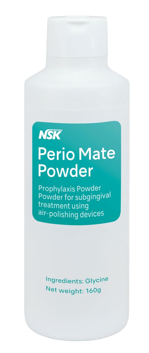 Perio-Mate Pulverflasche mit Glycin-Basis für subgingivale Zahnreinigung.