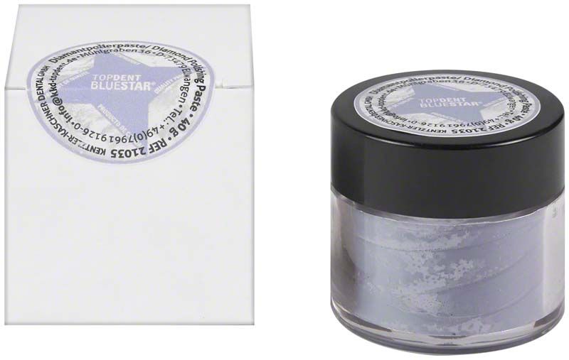 TOPDENT BLUESTAR® Diamant-Polierpaste in transparentem Behälter mit schwarzem Deckel.