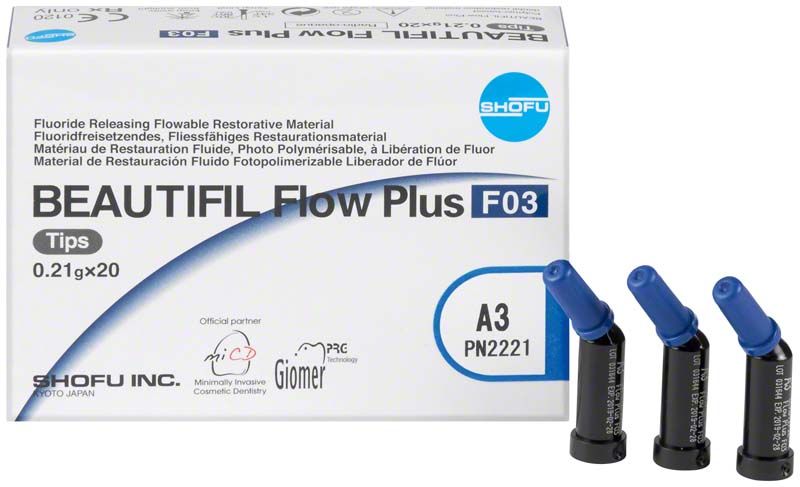 Beautifil Flow Plus F03 Tips A3 mit Produktverpackung und drei Applikationsspitzen.