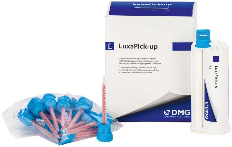 LuxaPick-up Prothesenreparatur-Set mit Kartusche und Mischspitzen.