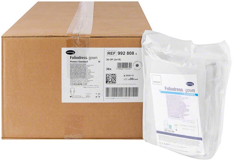 Kartonverpackung und verpackter Foliodress® OP-Wickelmantel Protect Standard Gr. M.
