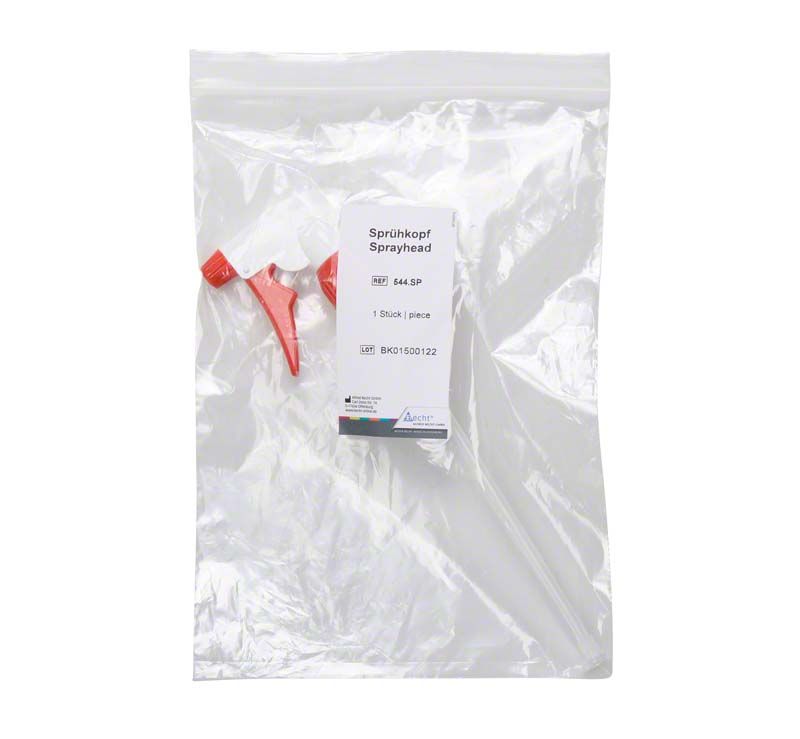 Sprühkopf für 1-Liter-Flasche in transparenter Verpackung mit rotem Griff.