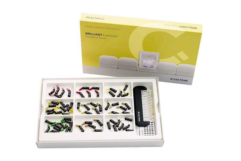BRILLIANT EverGlow™ Regular Kit mit verschiedenen farbigen Dentalmaterialien und Applikator.