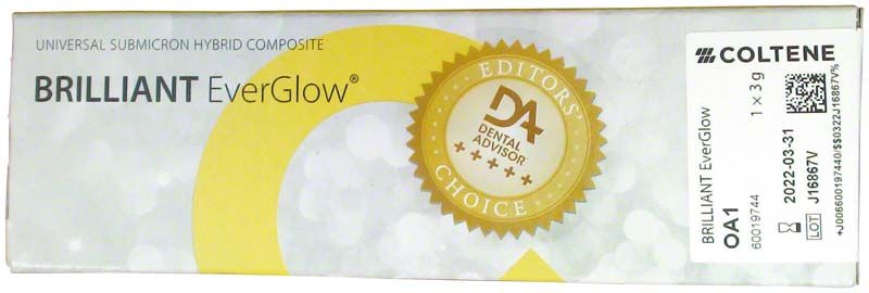 Verpackung der BRILLIANT EverGlow™ Spritze Opaque A1 mit Produktinformationen.