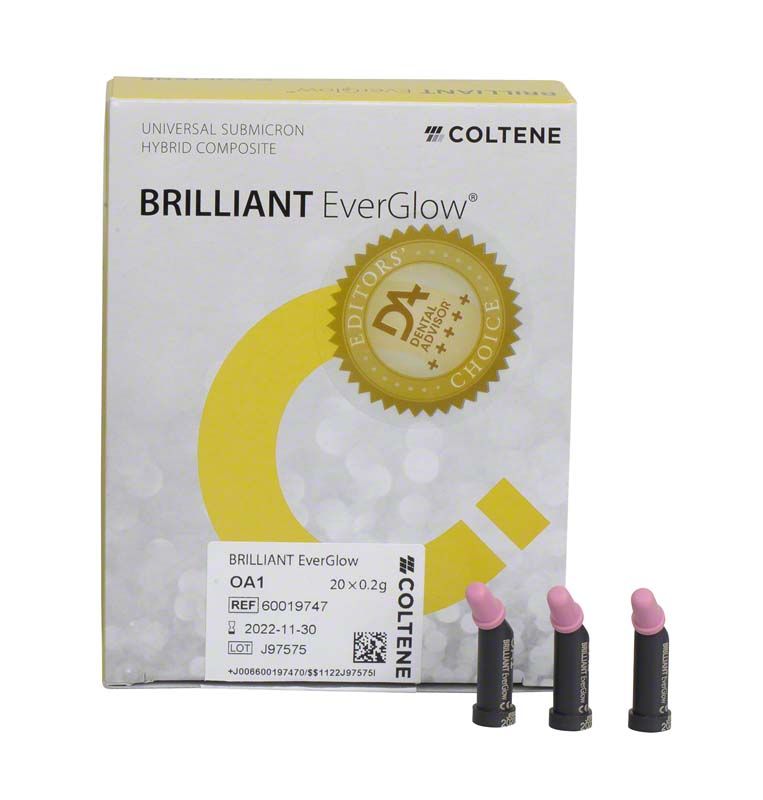 BRILLIANT EverGlow™ OA1 Komposit-Tips vor Produktverpackung mit Logo und Details.