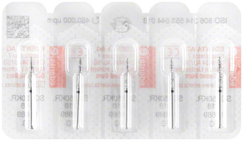 Verpackung mit fünf Diamantbohrern FG 850KRX 018 für Zahnmedizin.