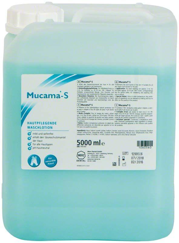 Mucama-S Waschlotion Euroflasche 5 Liter mit Etikett und blauer Flüssigkeit.