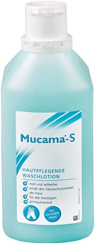 Mucama-S Waschlotion Spenderflasche 1 Liter mit blauem Etikett.