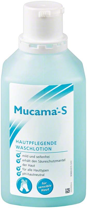 Mucama-S Waschlotion Spenderflasche 500ml mit blau-grünem Etikett.