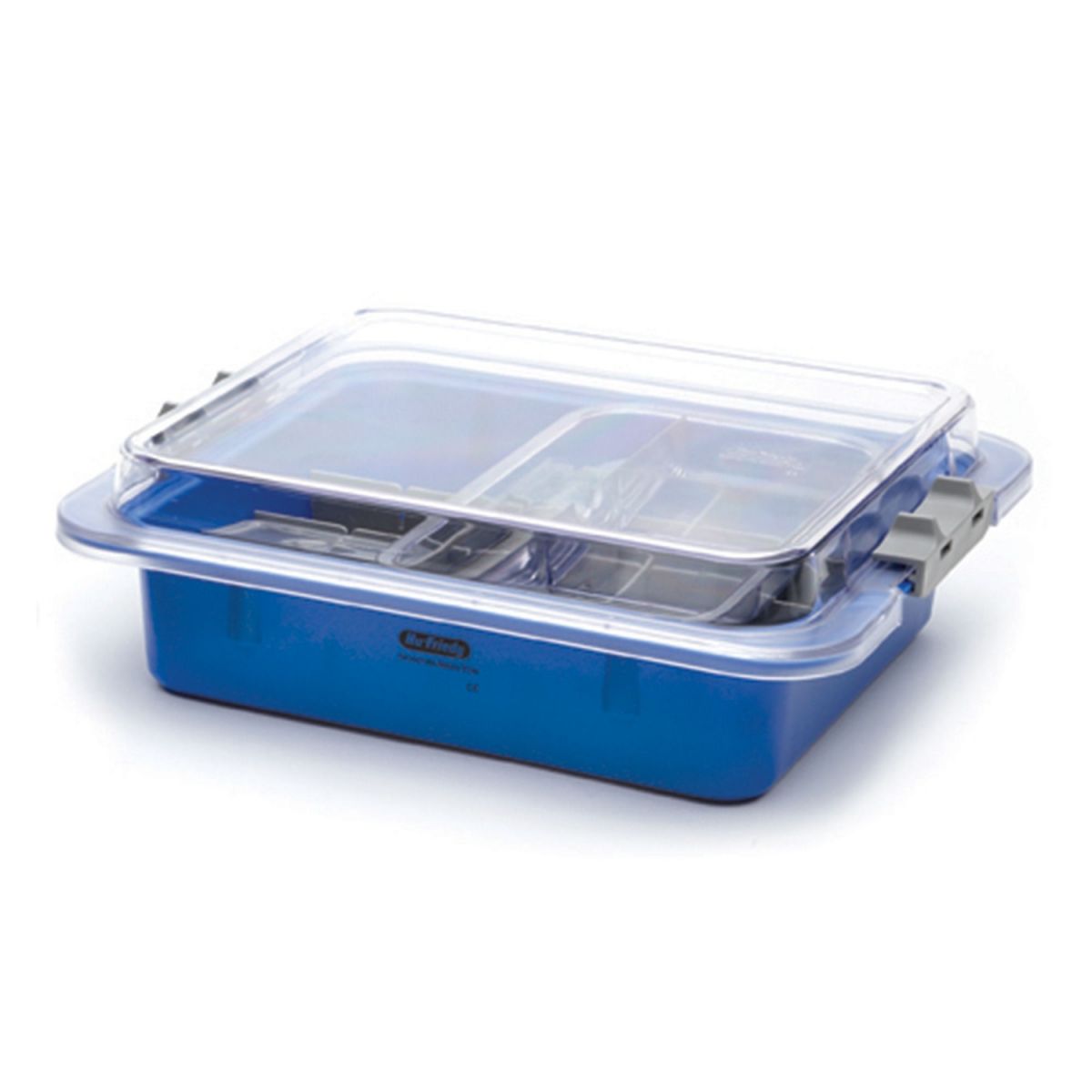 Blauer SIGNATURE SERIES TUB mit durchsichtigem Deckel und Fächereinteilung.