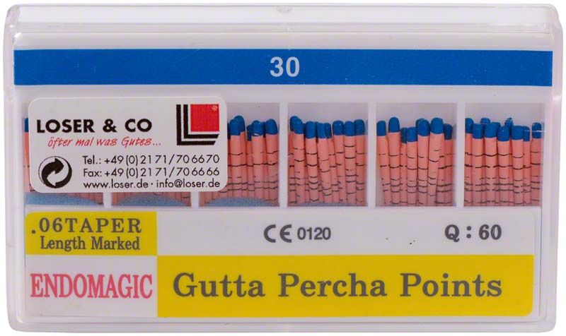 Gutta-Percha-Punkte in Kunststoffbox mit Größenanzeige und Kontaktinformationen.