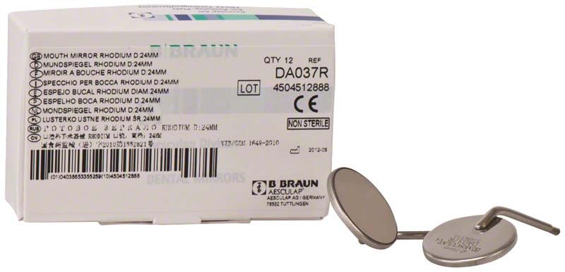 Mundspiegel Rhodium 24mm neben Verpackung mit Produktinformationen.