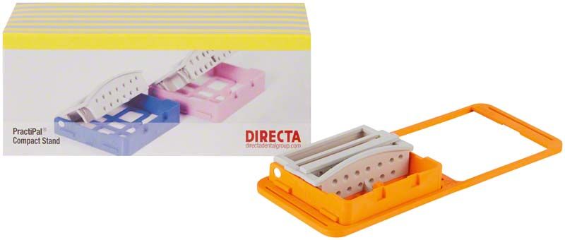 Orangefarbener PractiPal® Compact Feilenhalter mit Verpackung im Hintergrund.